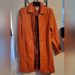 Moda Women’s vintage Genuine Leather Coat Orange Size 6 Knee-Length snap Closure
